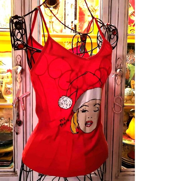 Vintage Betsey Johnson Y2K Marilyn Monroe Wink Christmas Santa Hat Tank Top L - Picture 3 of 8